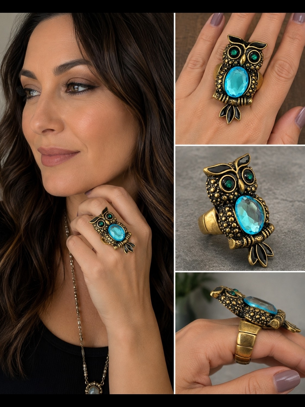 Vintage Inspired Owl Statement Ring Aqua Blue Crystal Antique Gold Tone